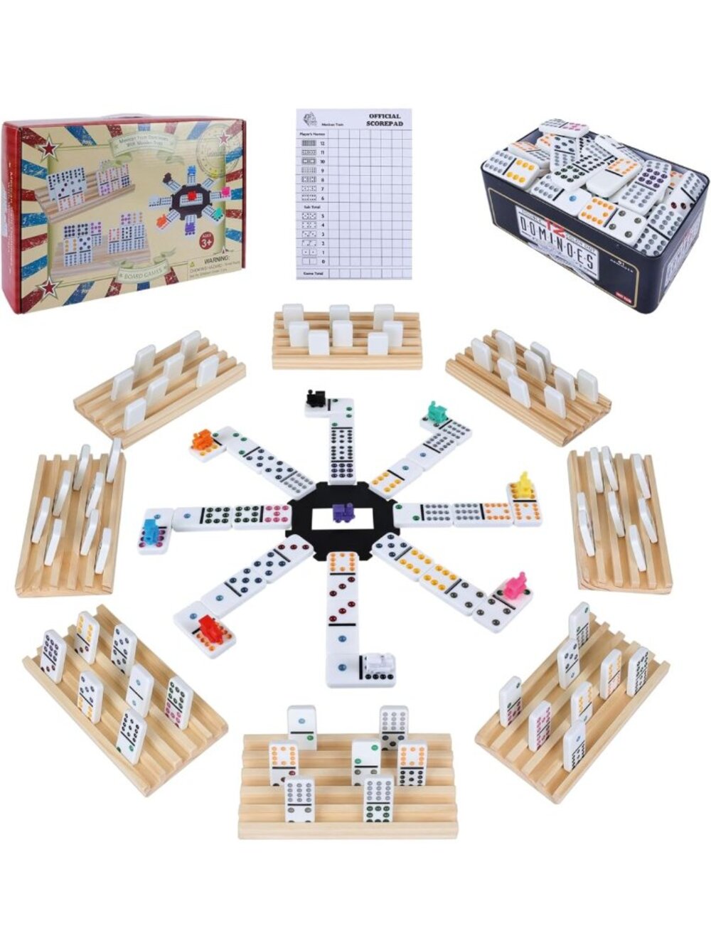 Double 12 Mexican Train Dominoes Set with Wooden Holders & Color Dot Tiles - Fun
